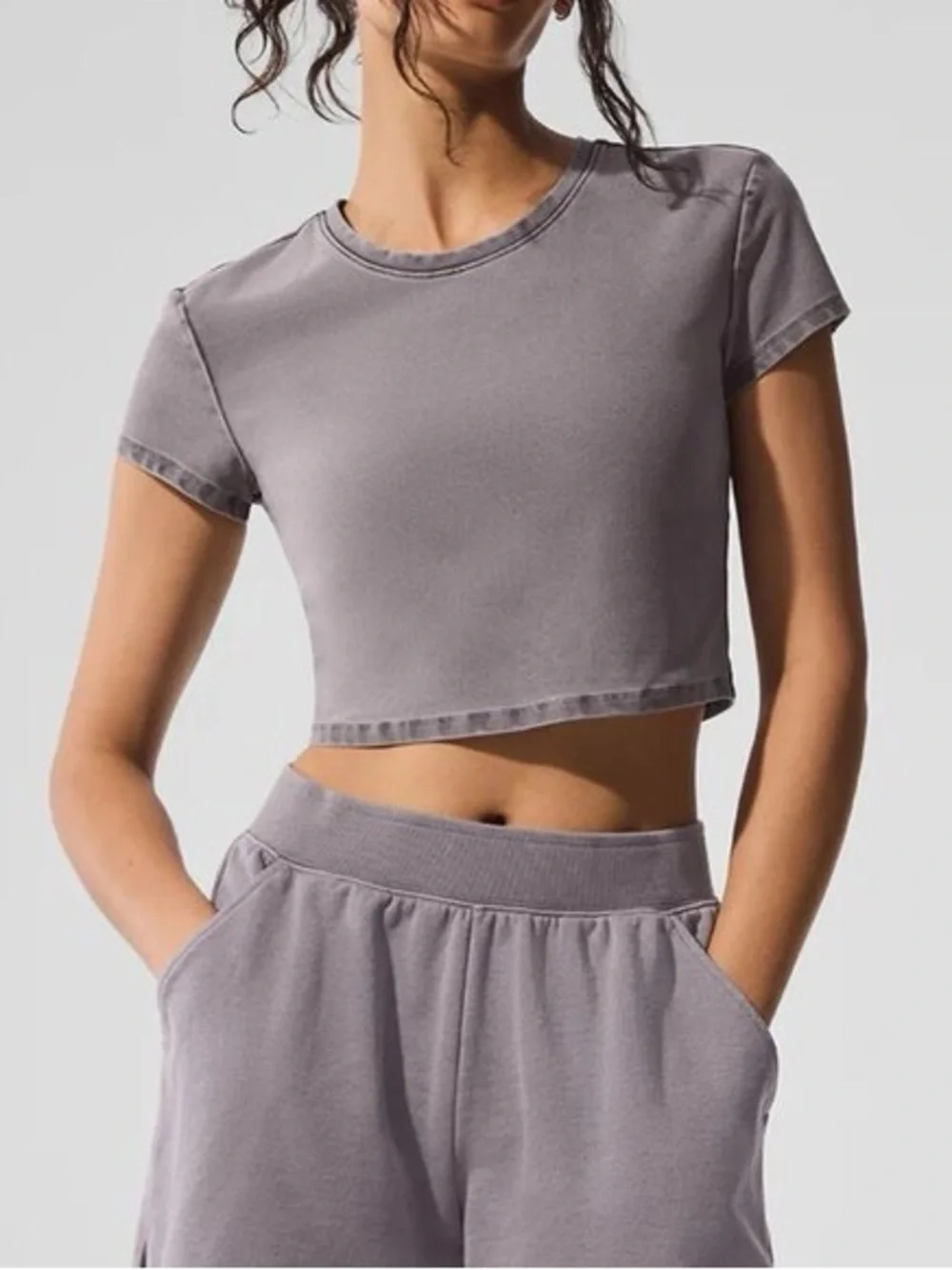 Alo Yoga Washed Alosoft Crop Finesse Short Sleeve shirt cool grey wash Size XS